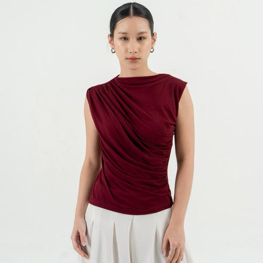 AIJO(SIAP) | Irene Top - Atasan Wanita Spandex Kerut - Atasan Wanita Korean Style - Mahoni