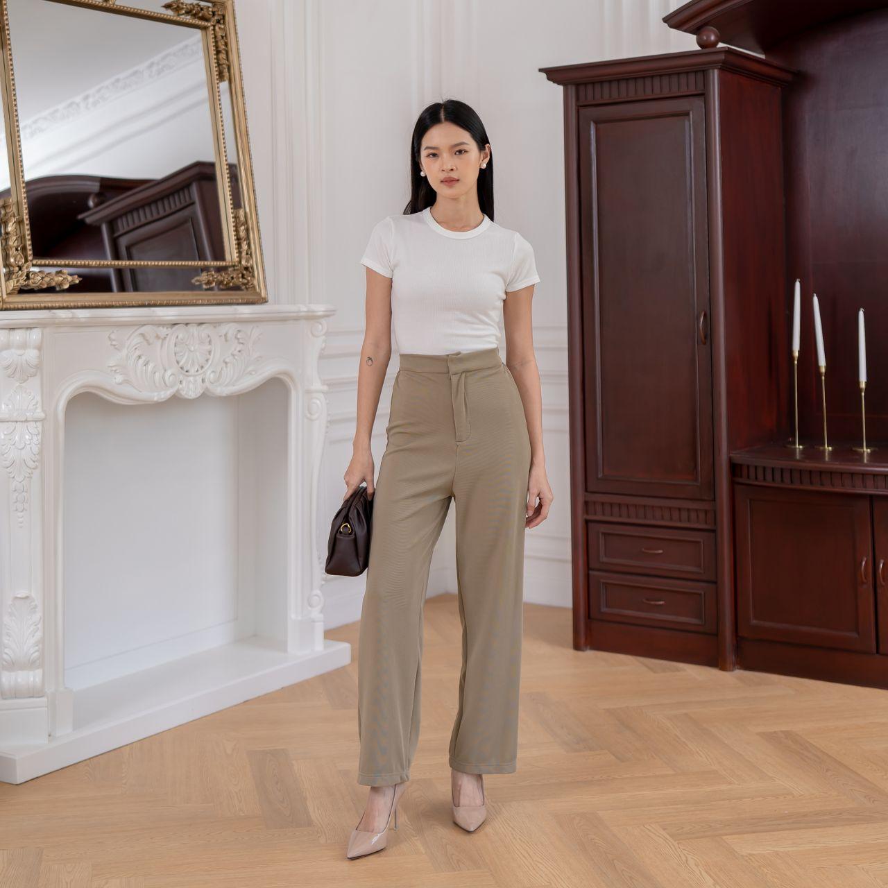 aijo | (ready) louise knit long pants - celana panjang wanita santai kekinian nyaman rib stretch casual kerja kantor slimfit formal lembut hitam basic samping ring