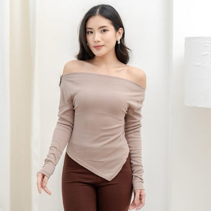 AIJO | (READY) Blossom Sabrina Longsleeve - Atasan Lengan Panjang Rib Wanita cia oneck top Polos Melar Baju Tebal Oversize