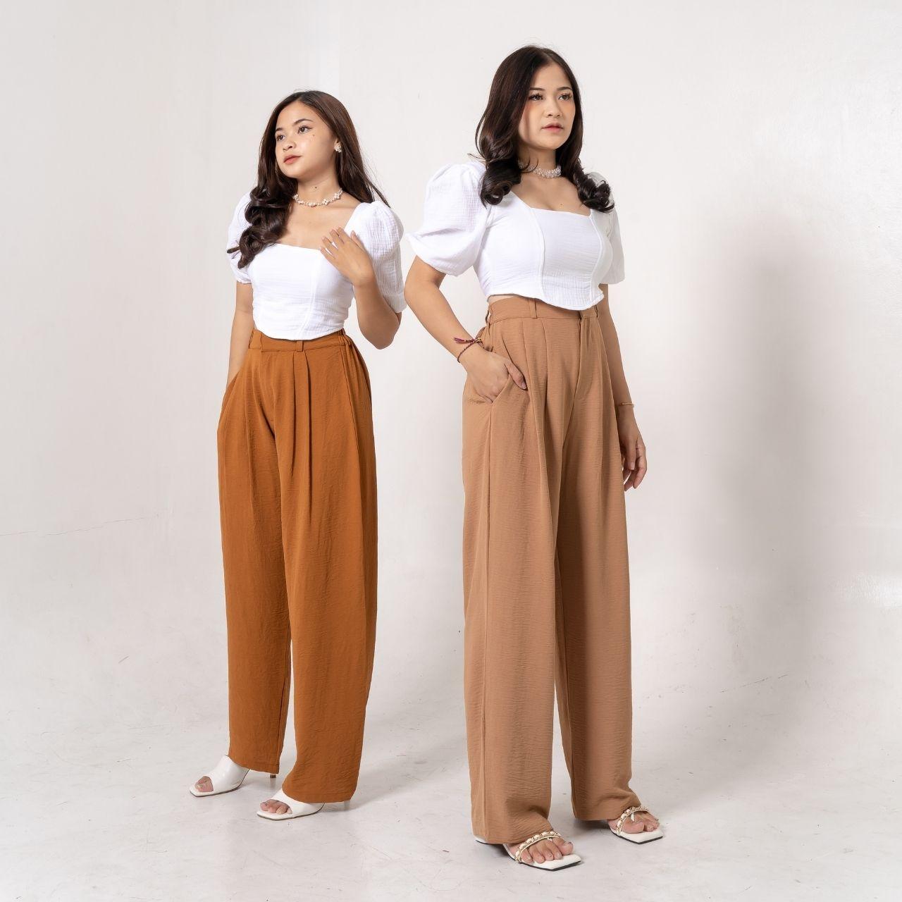 aijo | (ready) cessie cullote xl | celana panjang wanita kulot kulot dewasa linen crinkle tali serut red katun airflow