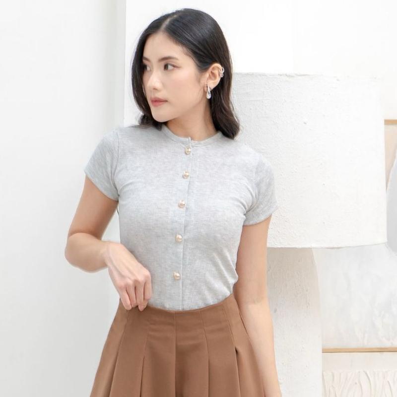 aijo | (ready) abell button top - atasan wanita oneck top bodyfit lengan pendek kekinian korean style