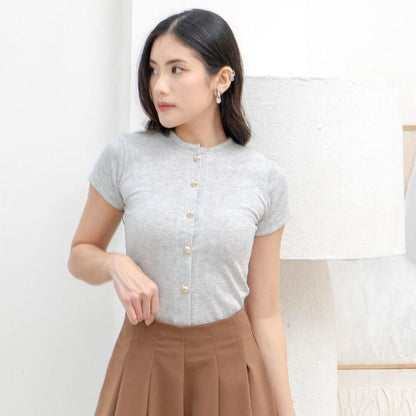 AIJO | (READY) Abell Button Top - Atasan Wanita Oneck Top Bodyfit Lengan Pendek Kekinian Korean Style