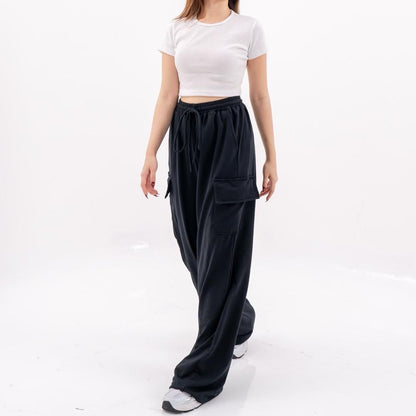 AIJO -(READY) Yoona Cargo Pants - Celana Bebytery Korean Loose Pants Panjang Wanita Formal Kantor Casual Hitam Baggy Kulot Celana Cargo Wanita Katun tali serut Merah 