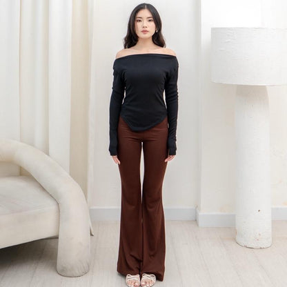 AIJO | (READY) Blossom Sabrina Longsleeve - Atasan Lengan Panjang Rib Wanita cia oneck top Polos Melar Baju Tebal Oversize