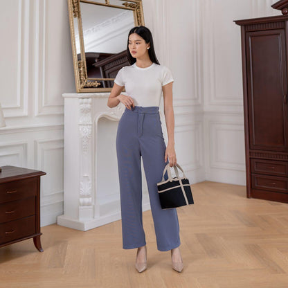 AIJO | (READY) Louise Knit Long Pants - Celana Panjang Wanita Santai Kekinian Nyaman Rib Stretch Casual Kerja Kantor Slimfit Formal Lembut Hitam Basic Samping Ring