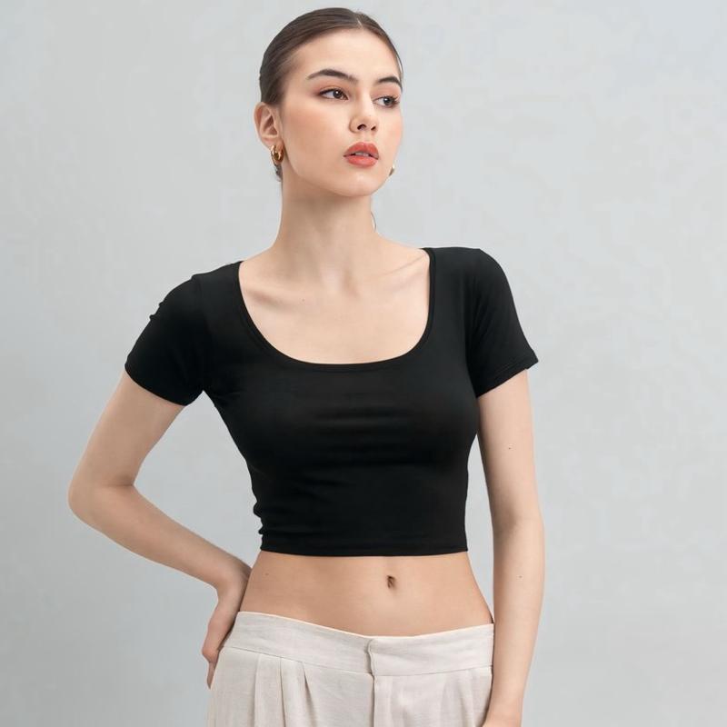 joyce by aijo [premium] ciara uneck crop top - atasan fitted wanita lengan pendek leher u - atasan bodyfit korean style