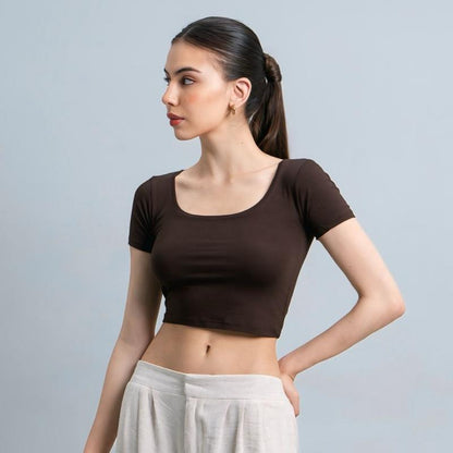 Joyce by AIJO [Premium] Ciara Uneck Crop Top - Atasan Fitted Wanita Lengan Pendek Leher U - Atasan Bodyfit Korean Style