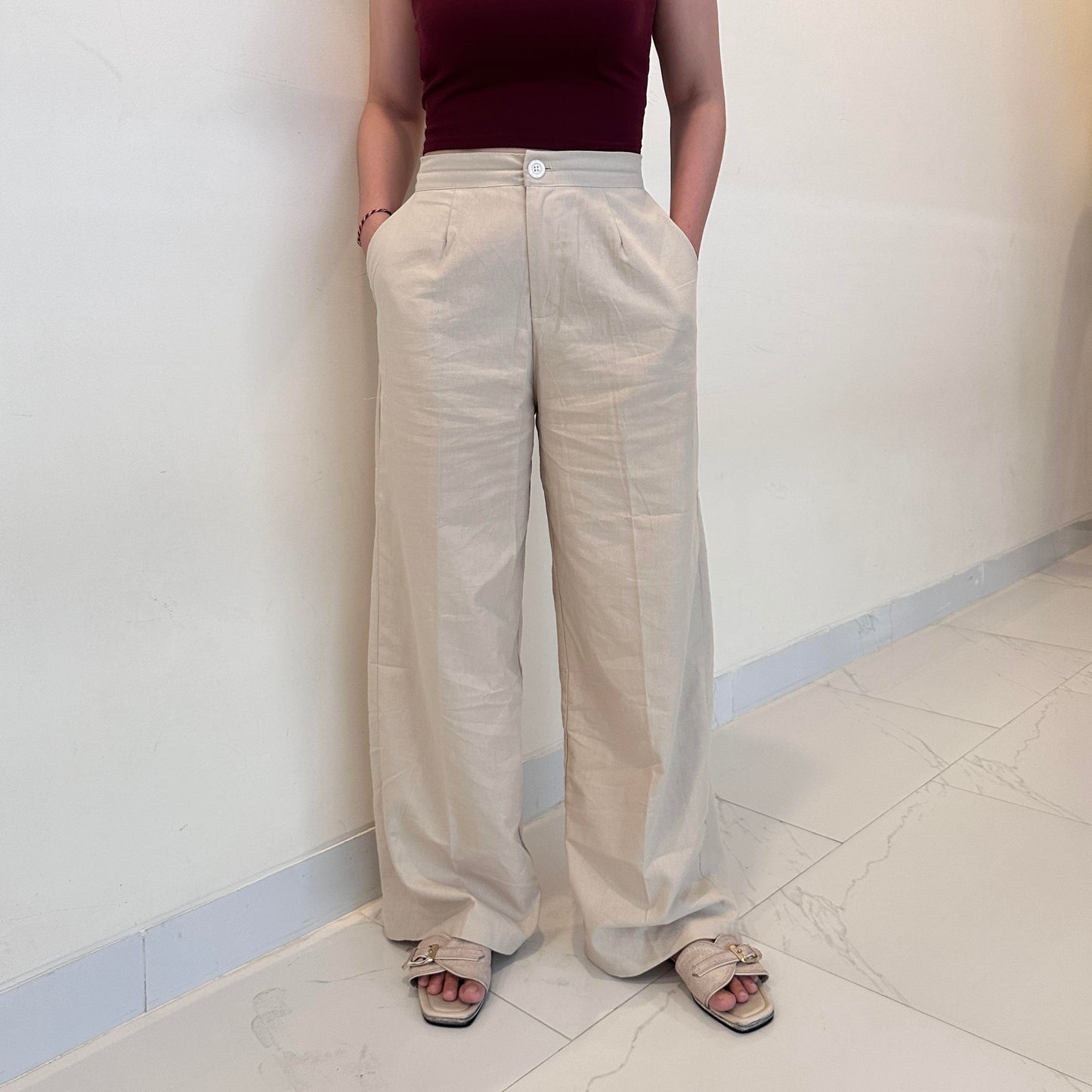 aijo | (ready) asa cullote - celana panjang linen kulot loose pants wanita korean style cream hitam basic casual