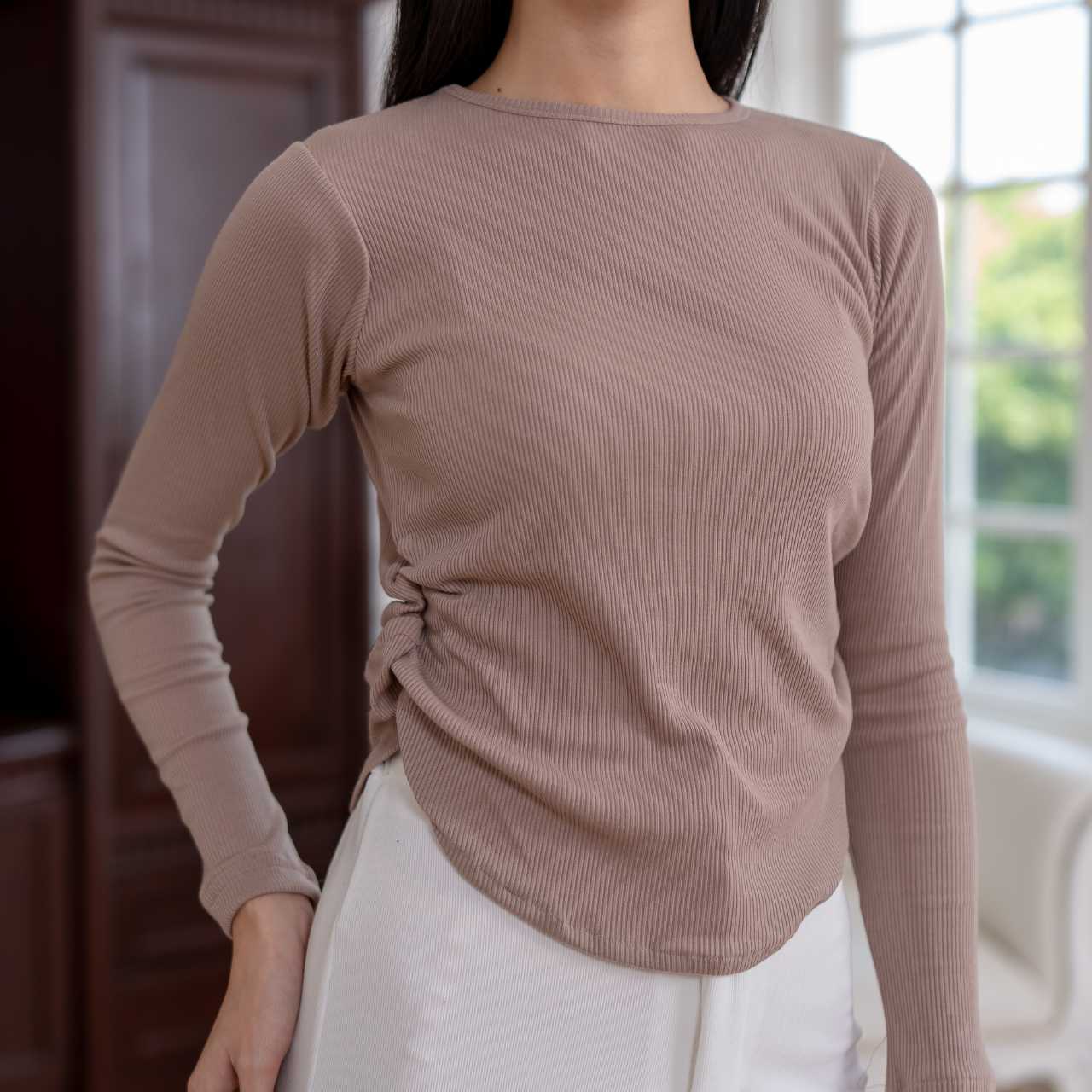 aijo | (ready) amoura rib longsleeve - atasan lengan panjang rib serut wanita oneck top nyaman polos lembut basic baju