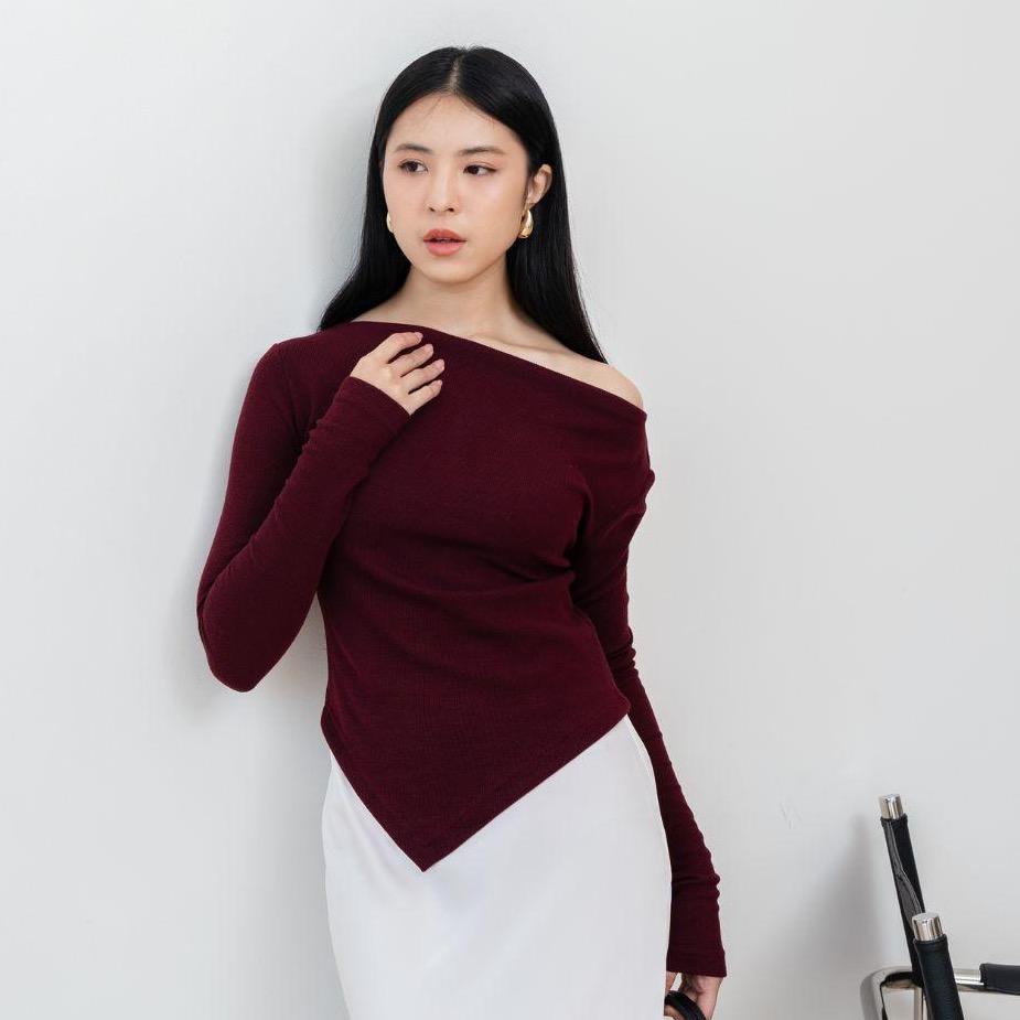 aijo| (ready) theresa sabrina longsleeve - atasan lengan panjang vneck wanita casual rib baju basic casual rib