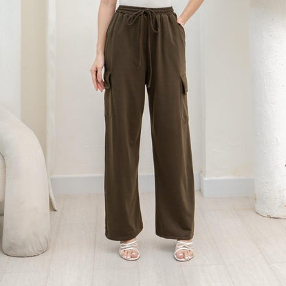 AIJO -(READY) Yoona Cargo Pants - Celana Bebytery Korean Loose Pants Panjang Wanita Formal Kantor Casual Hitam Baggy Kulot Celana Cargo Wanita Katun tali serut Merah 
