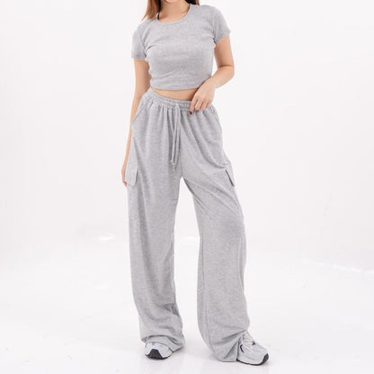 AIJO -(READY) Yoona Cargo Pants - Celana Bebytery Korean Loose Pants Panjang Wanita Formal Kantor Casual Hitam Baggy Kulot Celana Cargo Wanita Katun tali serut Merah 