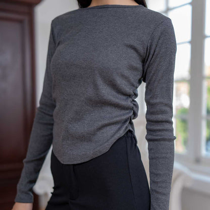 AIJO | (READY) Amoura Rib Longsleeve - Atasan Lengan Panjang Rib Serut Wanita oneck top Nyaman Polos Lembut Basic Baju