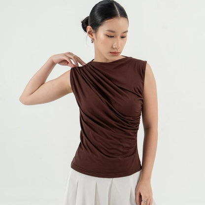 AIJO(SIAP) | Irene Top - Atasan Wanita Spandex Kerut - Atasan Wanita Korean Style - Mahoni