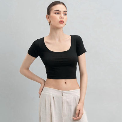 Joyce by AIJO [Premium] Ciara Uneck Crop Top - Atasan Fitted Wanita Lengan Pendek Leher U - Atasan Bodyfit Korean Style