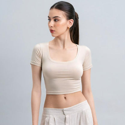 Joyce by AIJO [Premium] Ciara Uneck Crop Top - Atasan Fitted Wanita Lengan Pendek Leher U - Atasan Bodyfit Korean Style