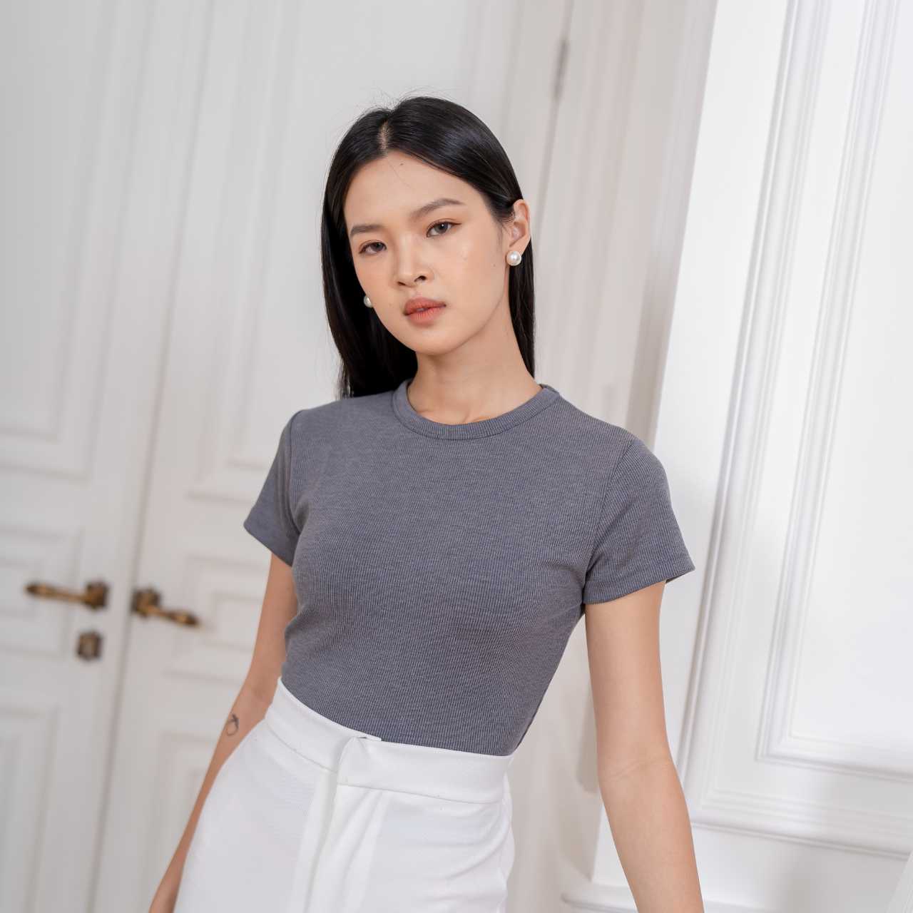aijo | (ready) oneck top- atasan wanita kekinian rib fit basic style