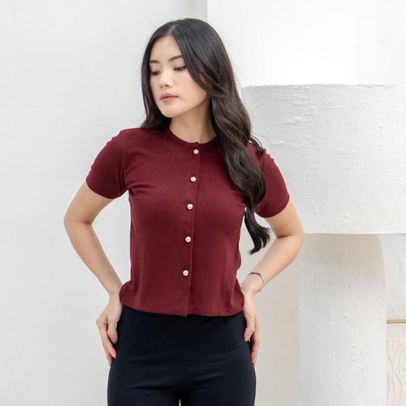 aijo | (ready) abell button top - atasan wanita oneck top bodyfit lengan pendek kekinian korean style