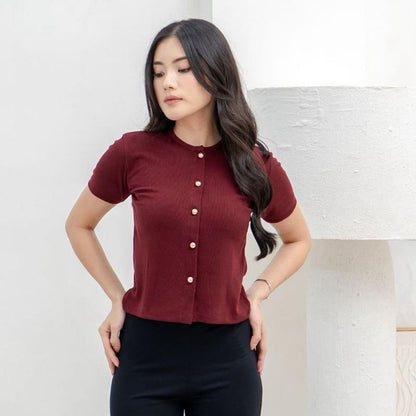AIJO | (READY) Abell Button Top - Atasan Wanita Oneck Top Bodyfit Lengan Pendek Kekinian Korean Style