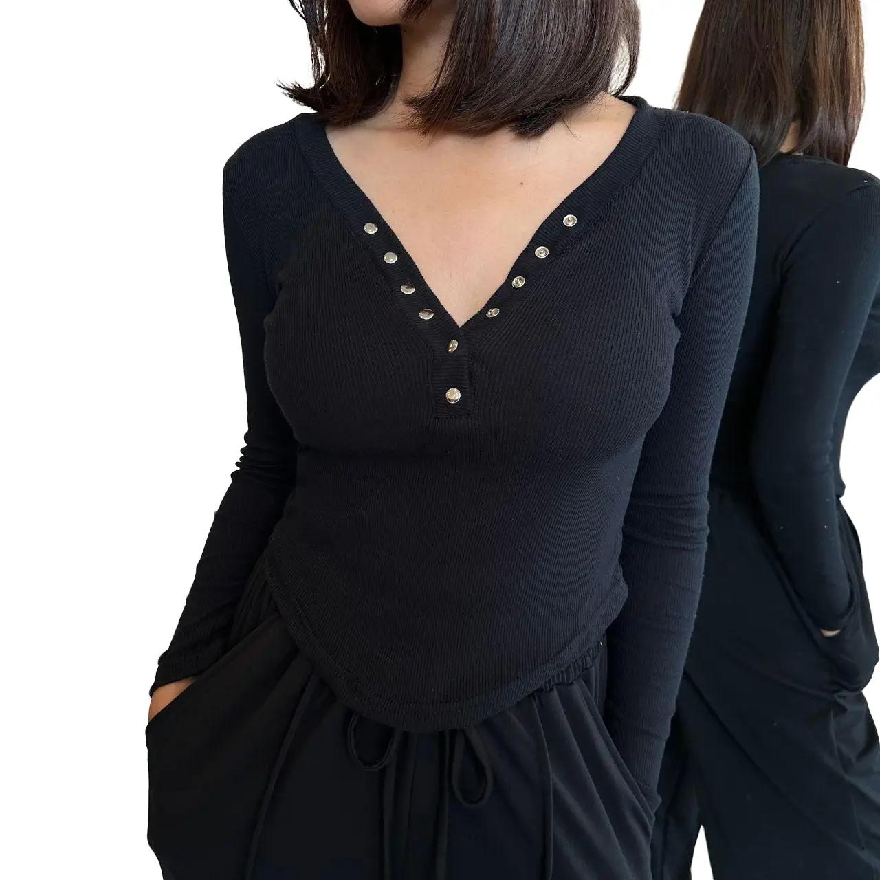 aijo| (ready) irish vneck longsleeve - atasan lengan panjang wanita - atasan vneck wanita rib baju fit kerah nyaman pink hitam melar polos lembut putih kaos unik