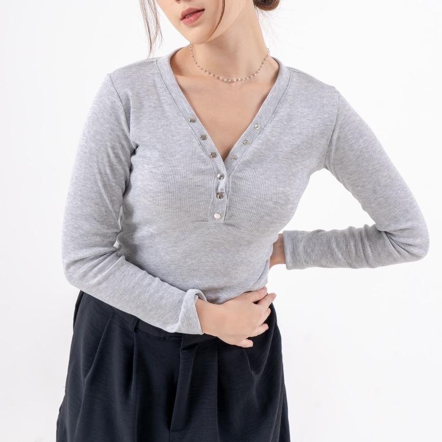 aijo| (ready) irish vneck longsleeve - atasan lengan panjang wanita - atasan vneck wanita rib baju fit kerah nyaman pink hitam melar polos lembut putih kaos unik