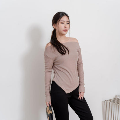 AIJO | (READY) Blossom Sabrina Longsleeve - Atasan Lengan Panjang Rib Wanita cia oneck top Polos Melar Baju Tebal Oversize