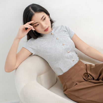 AIJO | (READY) Abell Button Top - Atasan Wanita Oneck Top Bodyfit Lengan Pendek Kekinian Korean Style