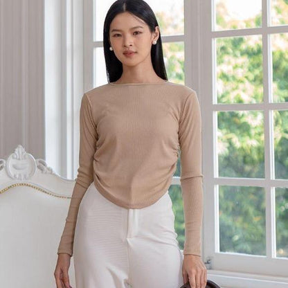 AIJO | (READY) Amoura Rib Longsleeve - Atasan Lengan Panjang Rib Serut Wanita oneck top Nyaman Polos Lembut Basic Baju
