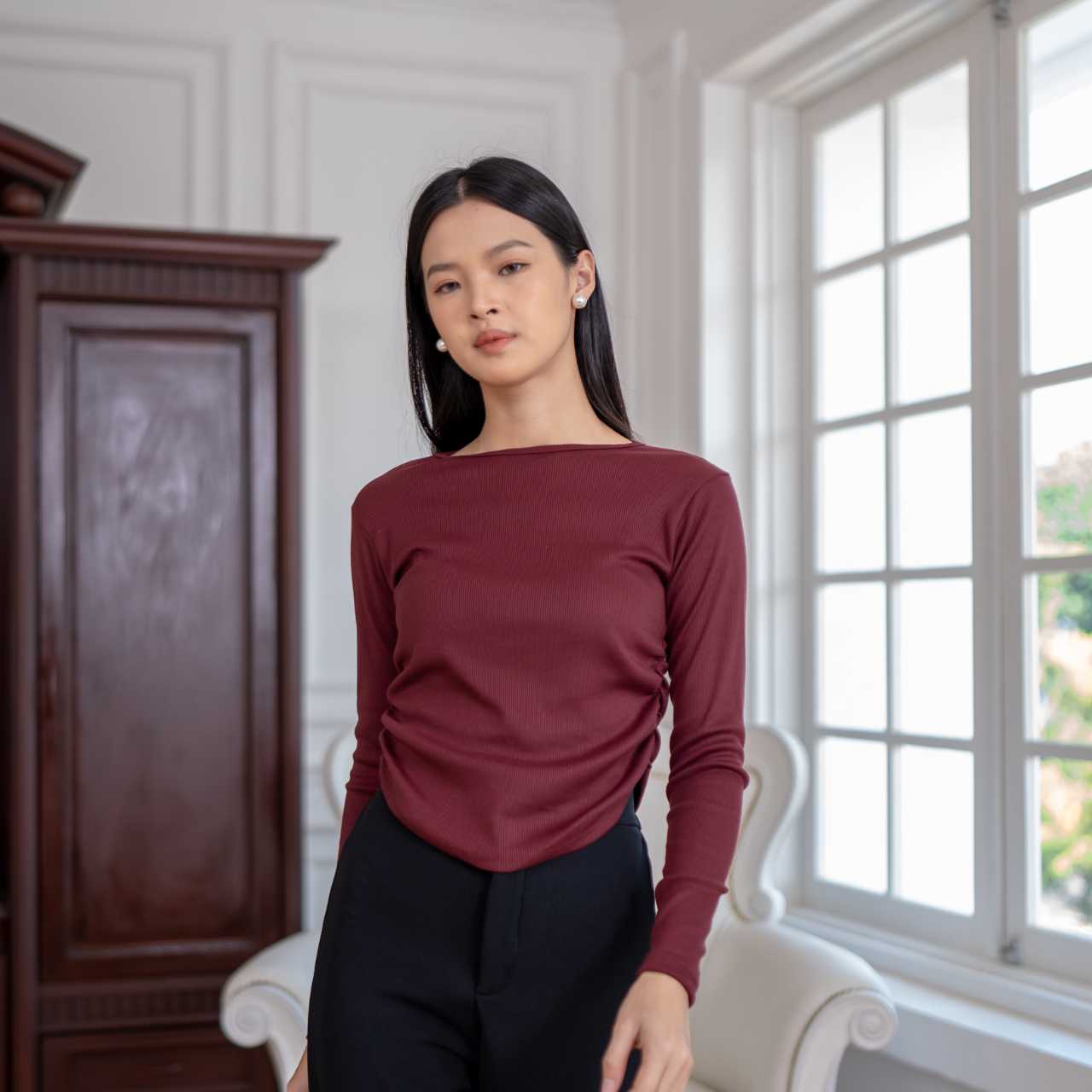 aijo | (ready) amoura rib longsleeve - atasan lengan panjang rib serut wanita oneck top nyaman polos lembut basic baju