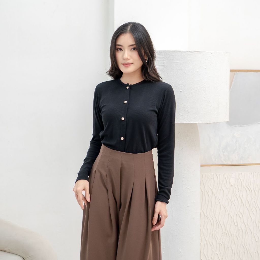 aijo | (ready) leanna button longsleeve - atasan wanita kekinian bodyfit panjang