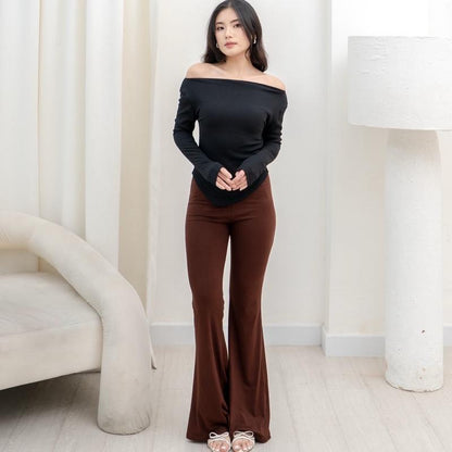 AIJO | (READY) Blossom Sabrina Longsleeve - Atasan Lengan Panjang Rib Wanita cia oneck top Polos Melar Baju Tebal Oversize