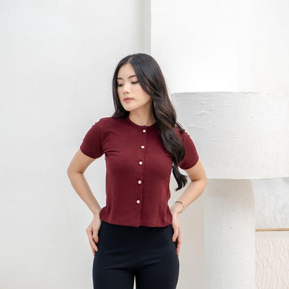 AIJO | (READY) Abell Button Top - Atasan Wanita Oneck Top Bodyfit Lengan Pendek Kekinian Korean Style