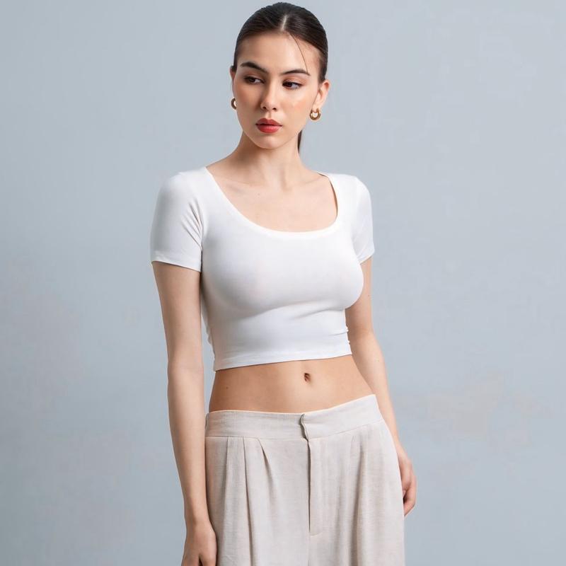 joyce by aijo [premium] ciara uneck crop top - atasan fitted wanita lengan pendek leher u - atasan bodyfit korean style