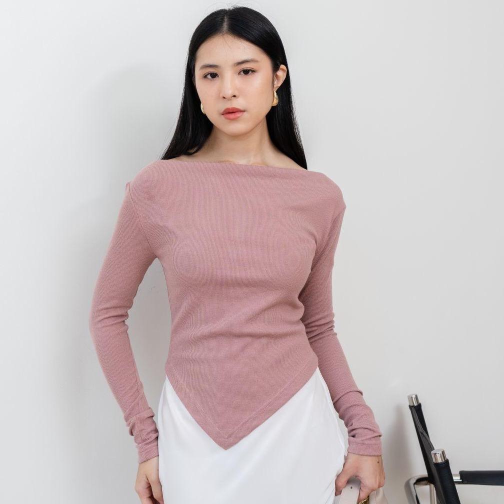 aijo| (ready) theresa sabrina longsleeve - atasan lengan panjang vneck wanita casual rib baju basic casual rib