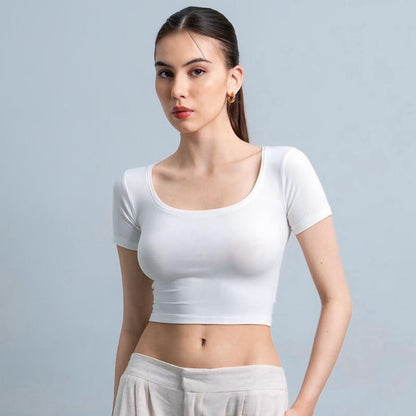 Joyce by AIJO [Premium] Ciara Uneck Crop Top - Atasan Fitted Wanita Lengan Pendek Leher U - Atasan Bodyfit Korean Style
