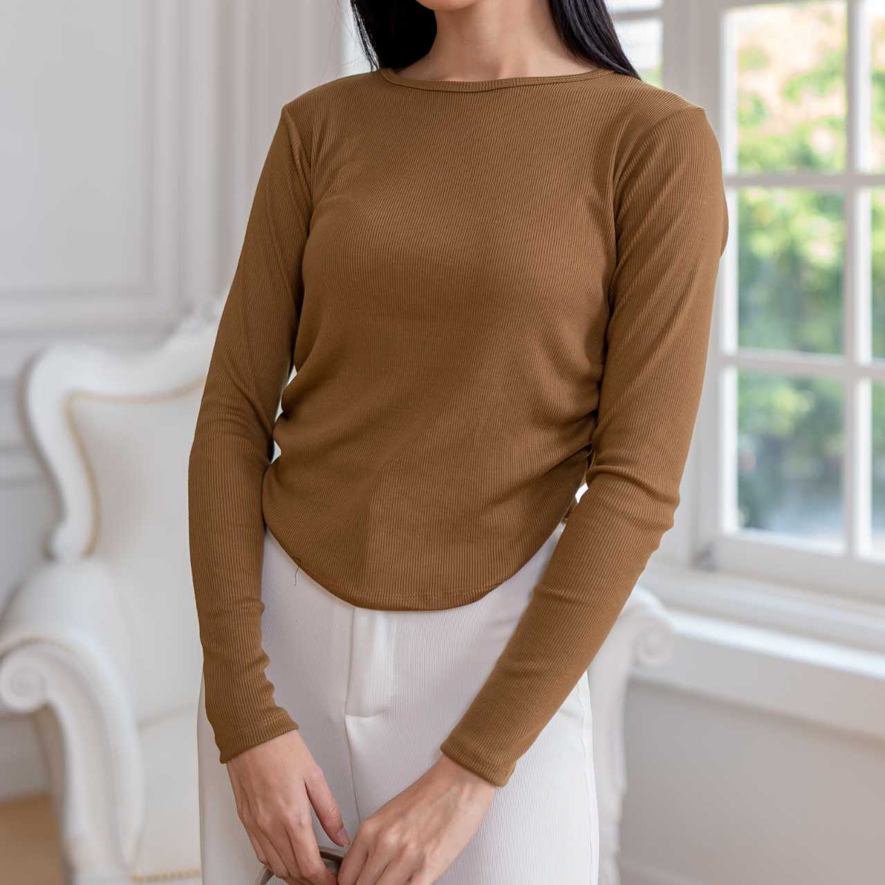 aijo | (ready) amoura rib longsleeve - atasan lengan panjang rib serut wanita oneck top nyaman polos lembut basic baju