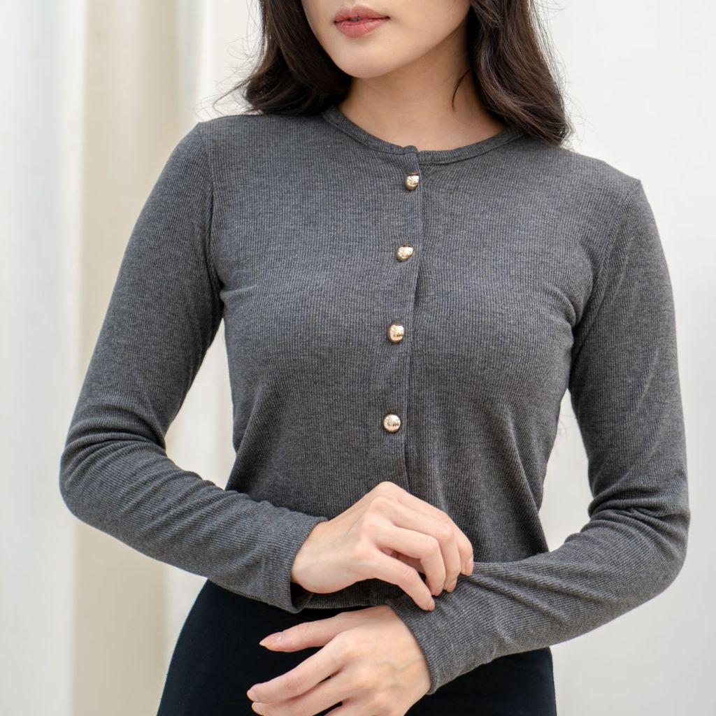 aijo | (ready) leanna button longsleeve - atasan wanita kekinian bodyfit panjang
