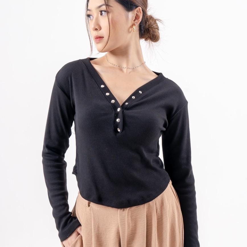 aijo| (ready) irish vneck longsleeve - atasan lengan panjang wanita - atasan vneck wanita rib baju fit kerah nyaman pink hitam melar polos lembut putih kaos unik
