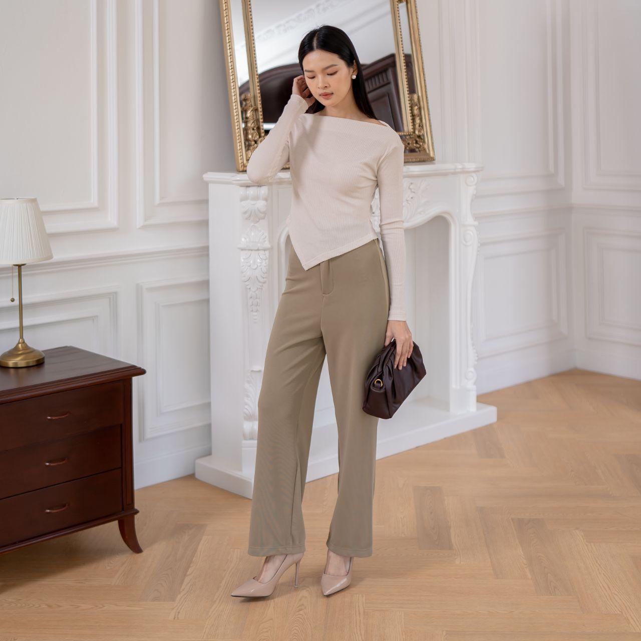 aijo | (ready) louise knit long pants - celana panjang wanita santai kekinian nyaman rib stretch casual kerja kantor slimfit formal lembut hitam basic samping ring