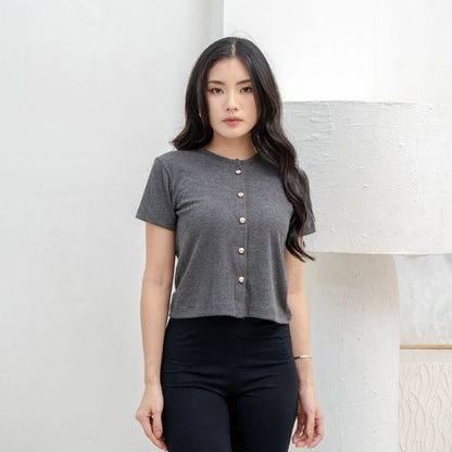 AIJO | (READY) Abell Button Top - Atasan Wanita Oneck Top Bodyfit Lengan Pendek Kekinian Korean Style