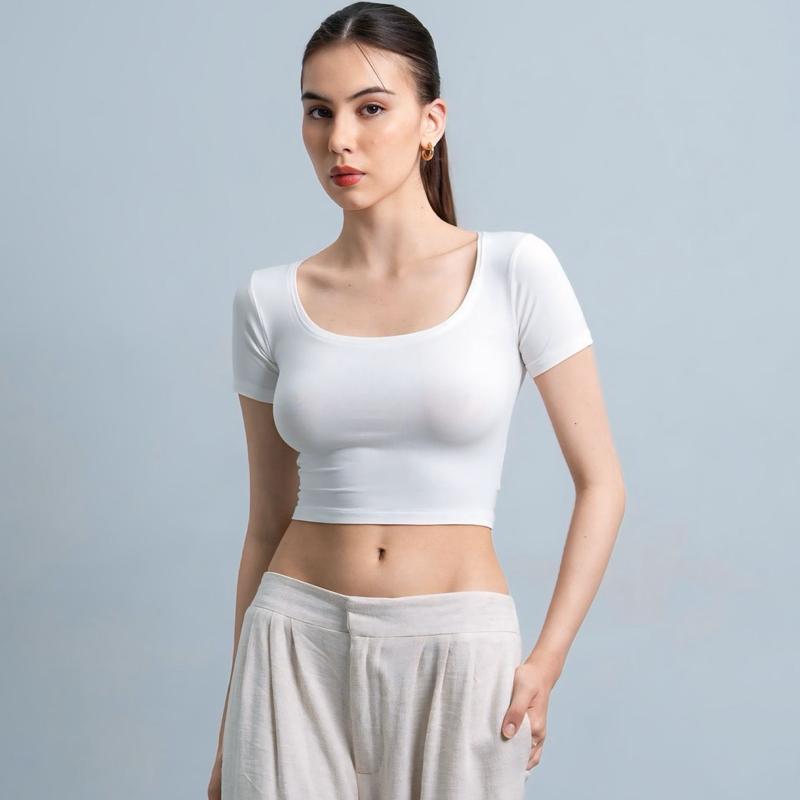 joyce by aijo [premium] ciara uneck crop top - atasan fitted wanita lengan pendek leher u - atasan bodyfit korean style
