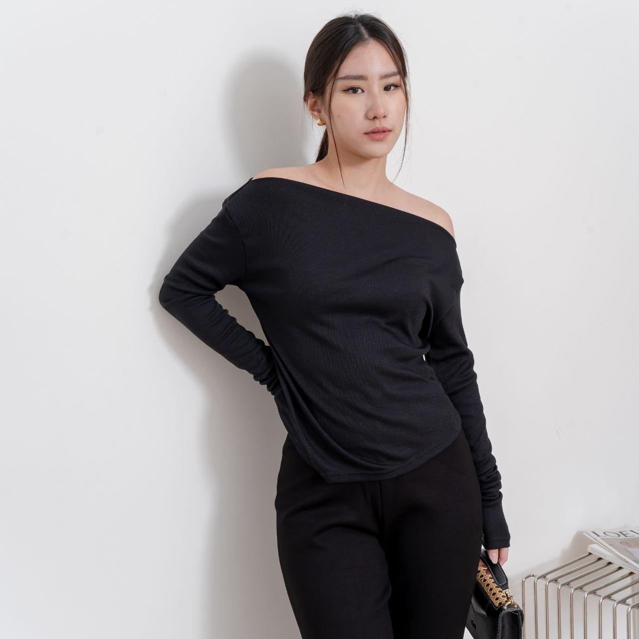aijo | (ready) blossom sabrina longsleeve - atasan lengan panjang rib wanita cia oneck top polos melar baju tebal oversize