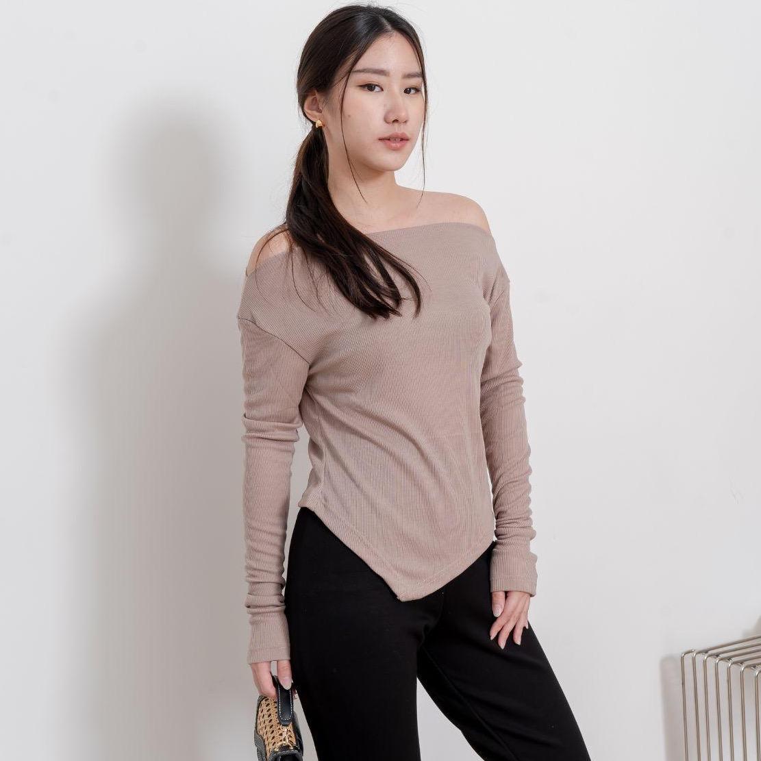 aijo | (ready) blossom sabrina longsleeve - atasan lengan panjang rib wanita cia oneck top polos melar baju tebal oversize