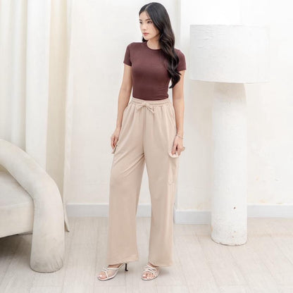 AIJO -(READY) Yoona Cargo Pants - Celana Bebytery Korean Loose Pants Panjang Wanita Formal Kantor Casual Hitam Baggy Kulot Celana Cargo Wanita Katun tali serut Merah 