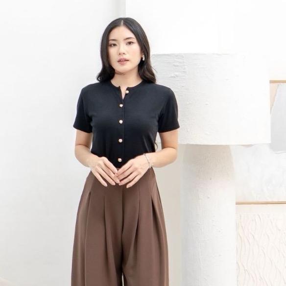 aijo | (ready) abell button top - atasan wanita oneck top bodyfit lengan pendek kekinian korean style