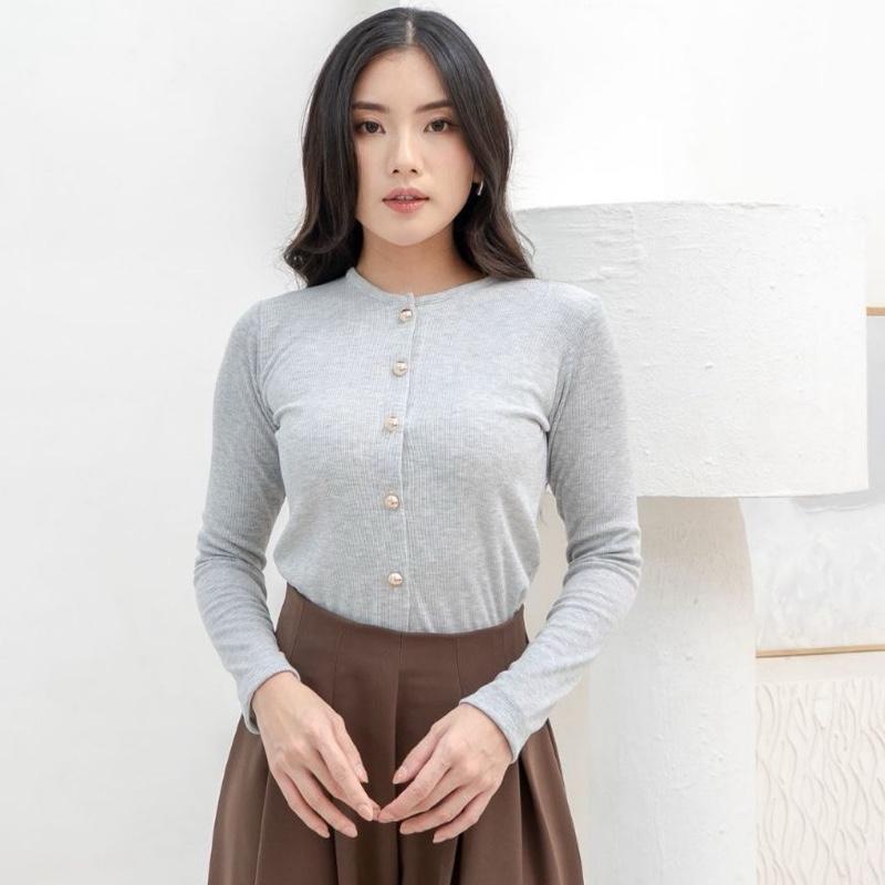 aijo | (ready) leanna button longsleeve - atasan wanita kekinian bodyfit panjang