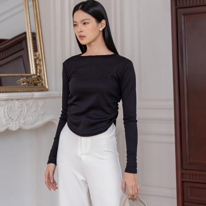 aijo | (ready) amoura rib longsleeve - atasan lengan panjang rib serut wanita oneck top nyaman polos lembut basic baju
