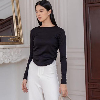 AIJO | (READY) Amoura Rib Longsleeve - Atasan Lengan Panjang Rib Serut Wanita oneck top Nyaman Polos Lembut Basic Baju