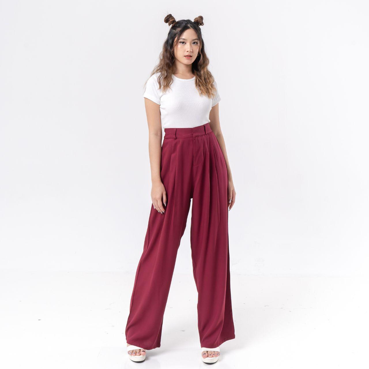 aijo - (ready) reva twill cullote - celana panjang loose pant kekinian wanita kulot casual basic bawahan formal tali serut red crinkle simple