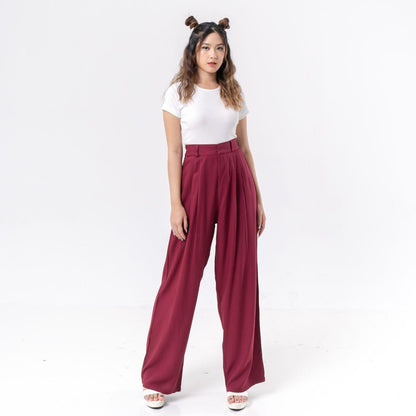 AIJO - (READY) Reva Twill Cullote - Celana Panjang Loose Pant Kekinian Wanita Kulot Casual Basic Bawahan Formal tali serut Red Crinkle Simple